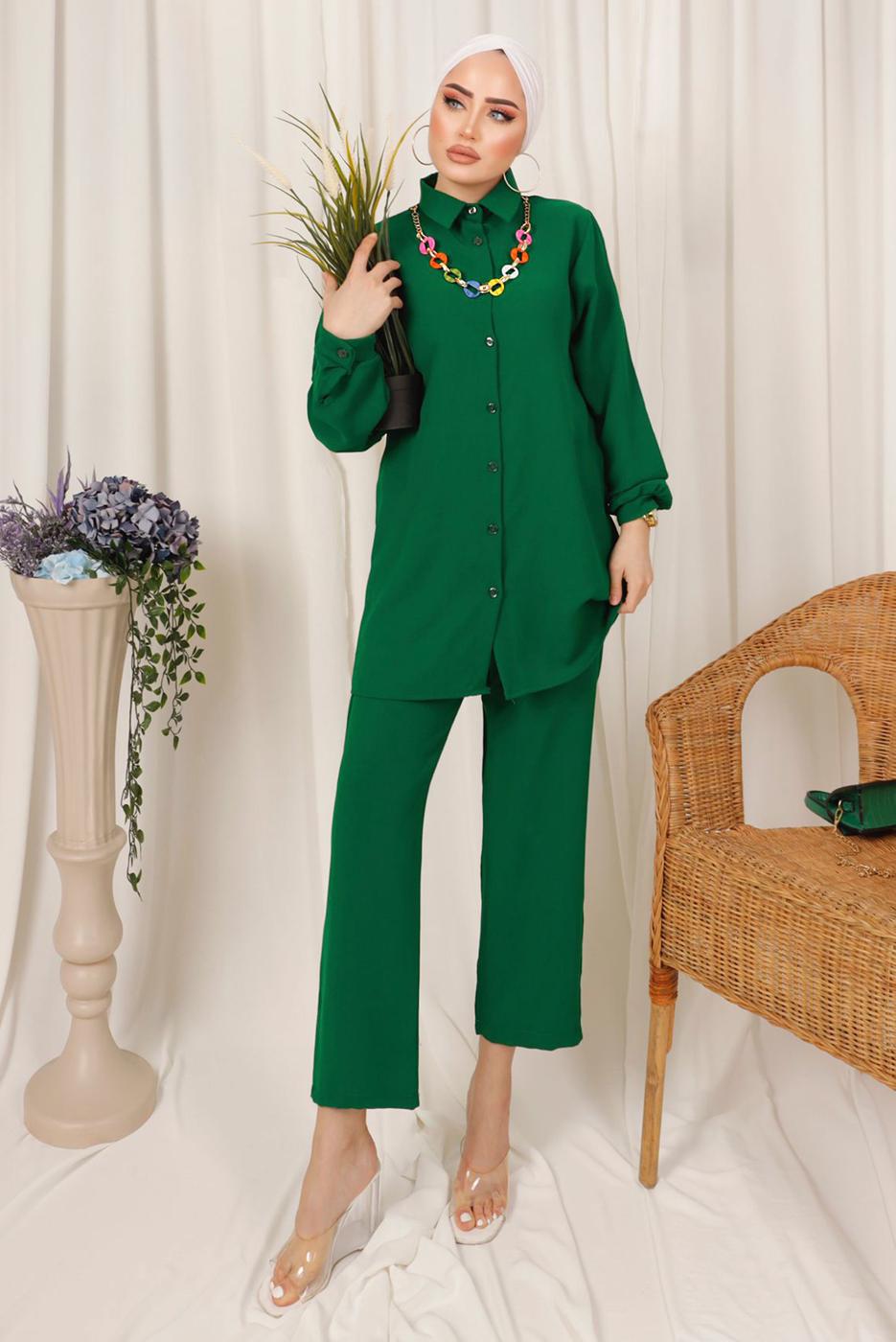Tesettür giyim YEŞİL RENKLİ ZİNCİR DETAYLI DÜĞMELİ PANTOLONLU TAKIM T 8303