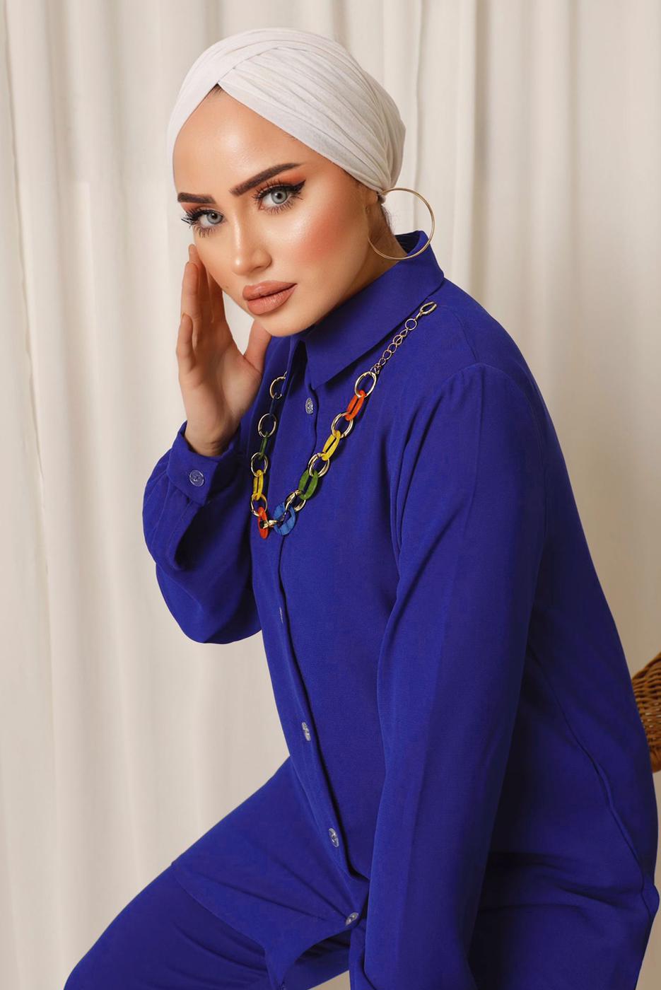 Tesettür giyim LACİVERT RENKLİ ZİNCİR DETAYLI DÜĞMELİ PANTOLONLU TAKIM T 8303