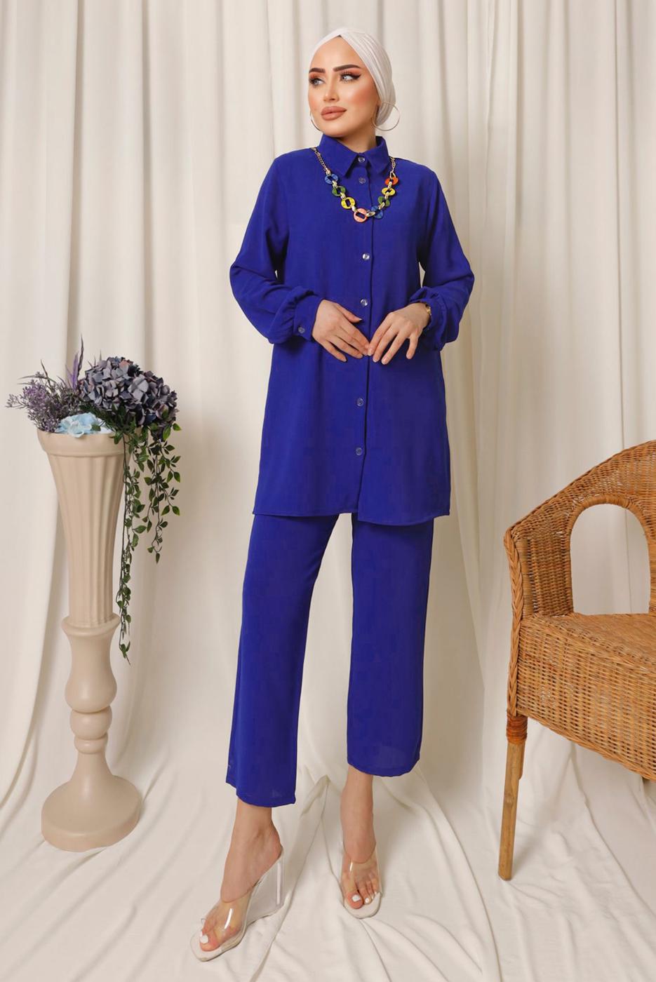Tesettür giyim LACİVERT RENKLİ ZİNCİR DETAYLI DÜĞMELİ PANTOLONLU TAKIM T 8303