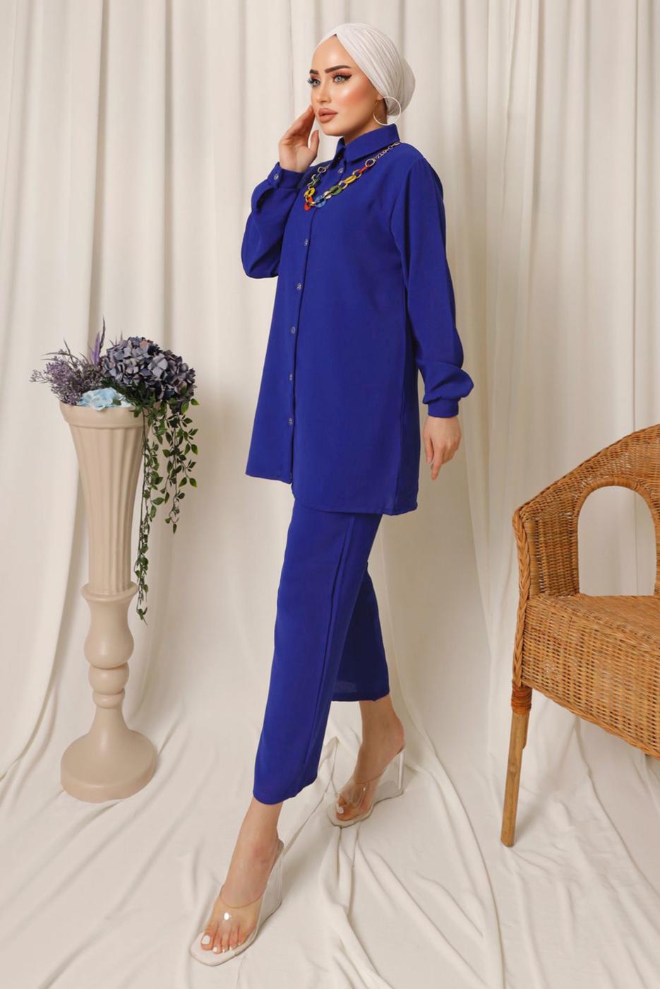 Tesettür giyim LACİVERT RENKLİ ZİNCİR DETAYLI DÜĞMELİ PANTOLONLU TAKIM T 8303