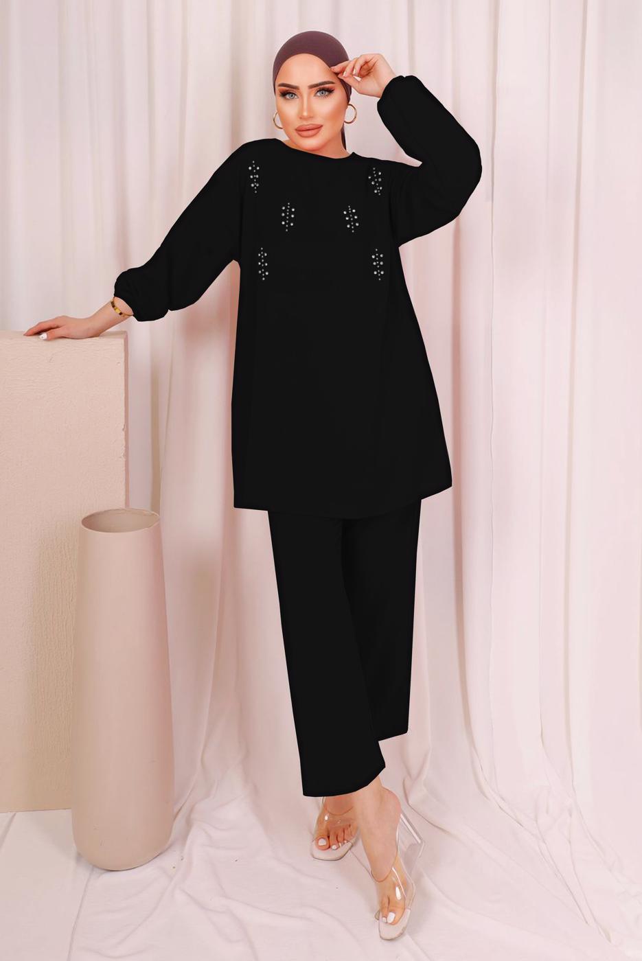 Tesettür giyim SİYAH ZIMBA DETAYLI İKİLİ PANTOLONLU TAKIM T 8703