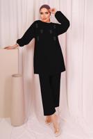 Tesettür giyim SİYAH ZIMBA DETAYLI İKİLİ PANTOLONLU TAKIM T 8703
