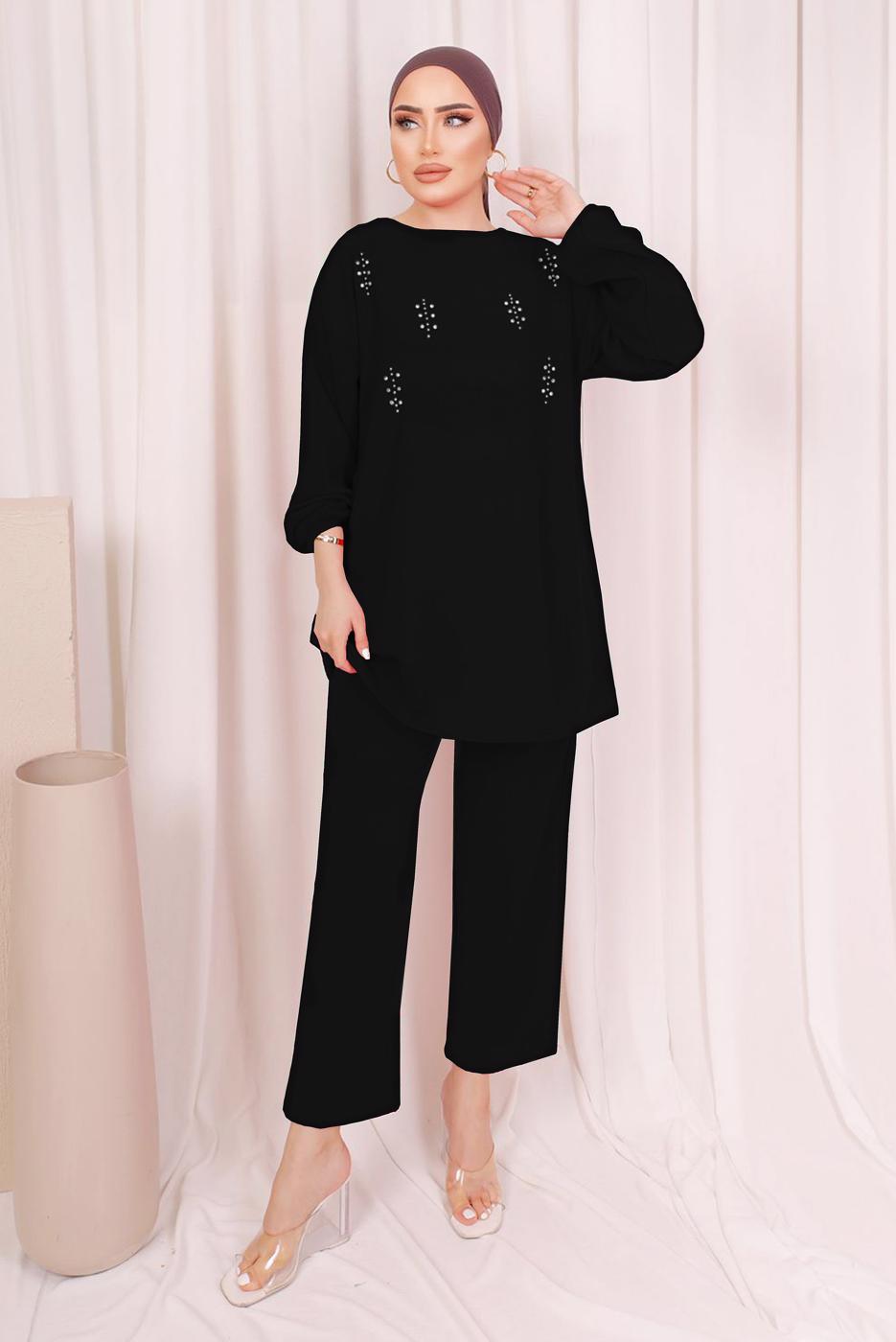 Tesettür giyim SİYAH ZIMBA DETAYLI İKİLİ PANTOLONLU TAKIM T 8703