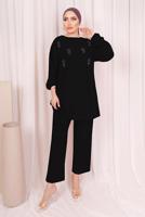 Tesettür giyim SİYAH ZIMBA DETAYLI İKİLİ PANTOLONLU TAKIM T 8703