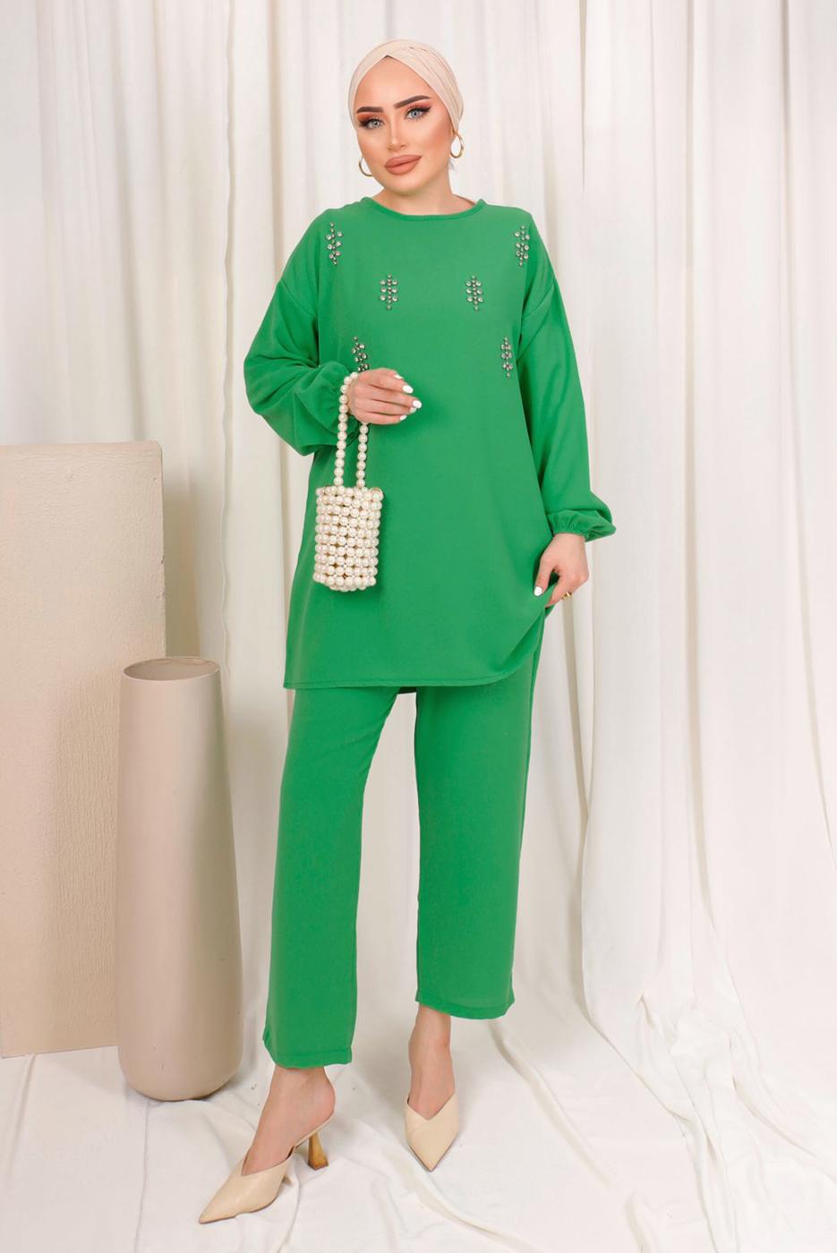 Tesettür giyim YEŞİL ZIMBA DETAYLI İKİLİ PANTOLONLU TAKIM T 8703
