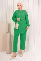 Tesettür giyim YEŞİL ZIMBA DETAYLI İKİLİ PANTOLONLU TAKIM T 8703