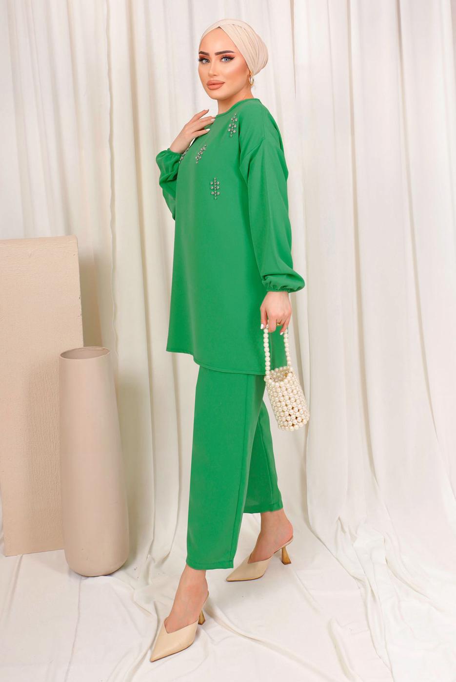 Tesettür giyim YEŞİL ZIMBA DETAYLI İKİLİ PANTOLONLU TAKIM T 8703