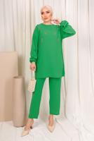 Tesettür giyim YEŞİL ZIMBA DETAYLI İKİLİ PANTOLONLU TAKIM T 8703