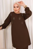 Tesettür giyim KAHVE ZIMBA DETAYLI İKİLİ PANTOLONLU TAKIM T 8703