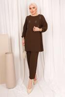 Tesettür giyim KAHVE ZIMBA DETAYLI İKİLİ PANTOLONLU TAKIM T 8703