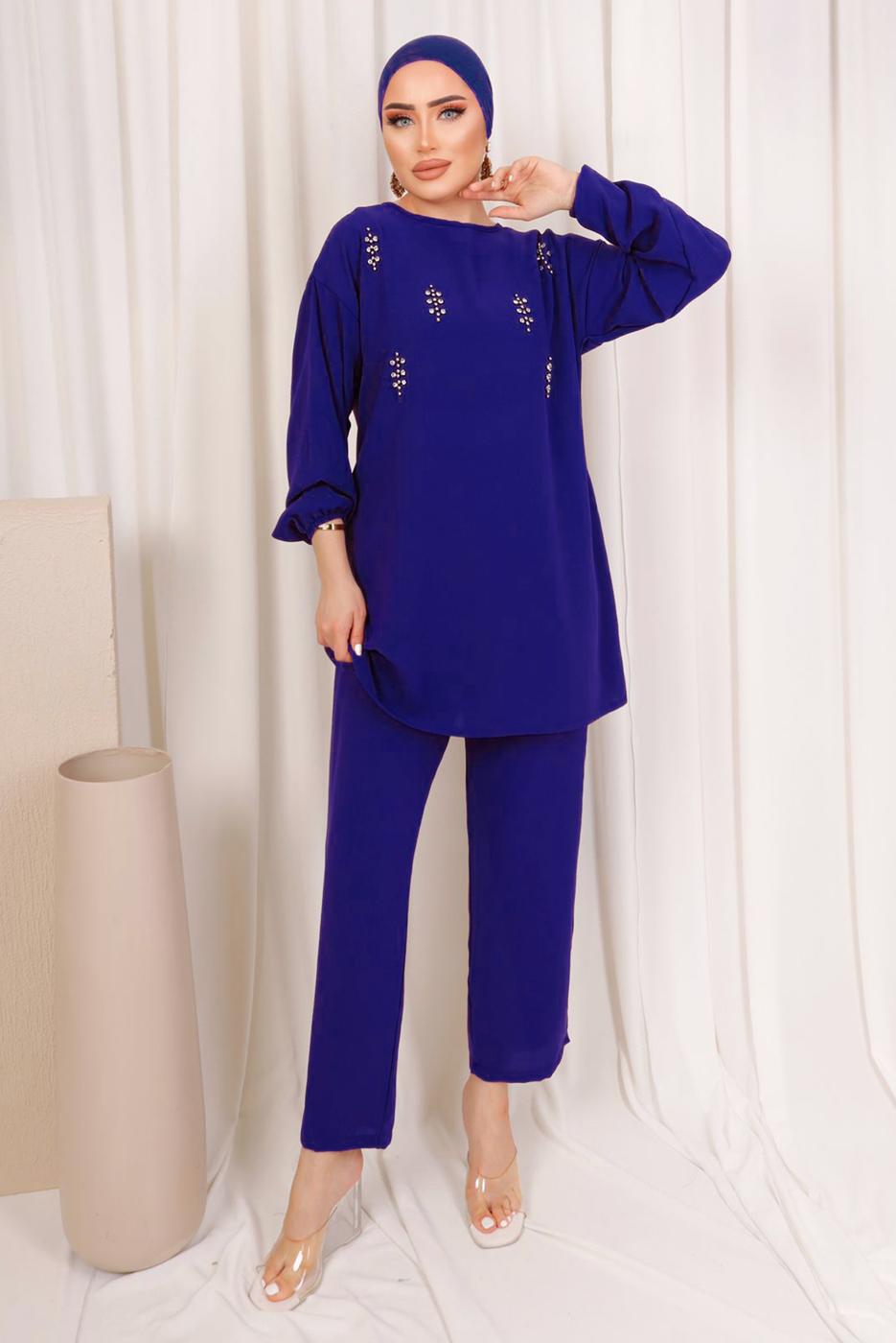 Tesettür giyim LACİVERT ZIMBA DETAYLI İKİLİ PANTOLONLU TAKIM T 8703
