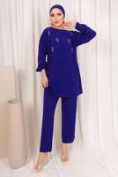 Tesettür giyim LACİVERT ZIMBA DETAYLI İKİLİ PANTOLONLU TAKIM T 8703