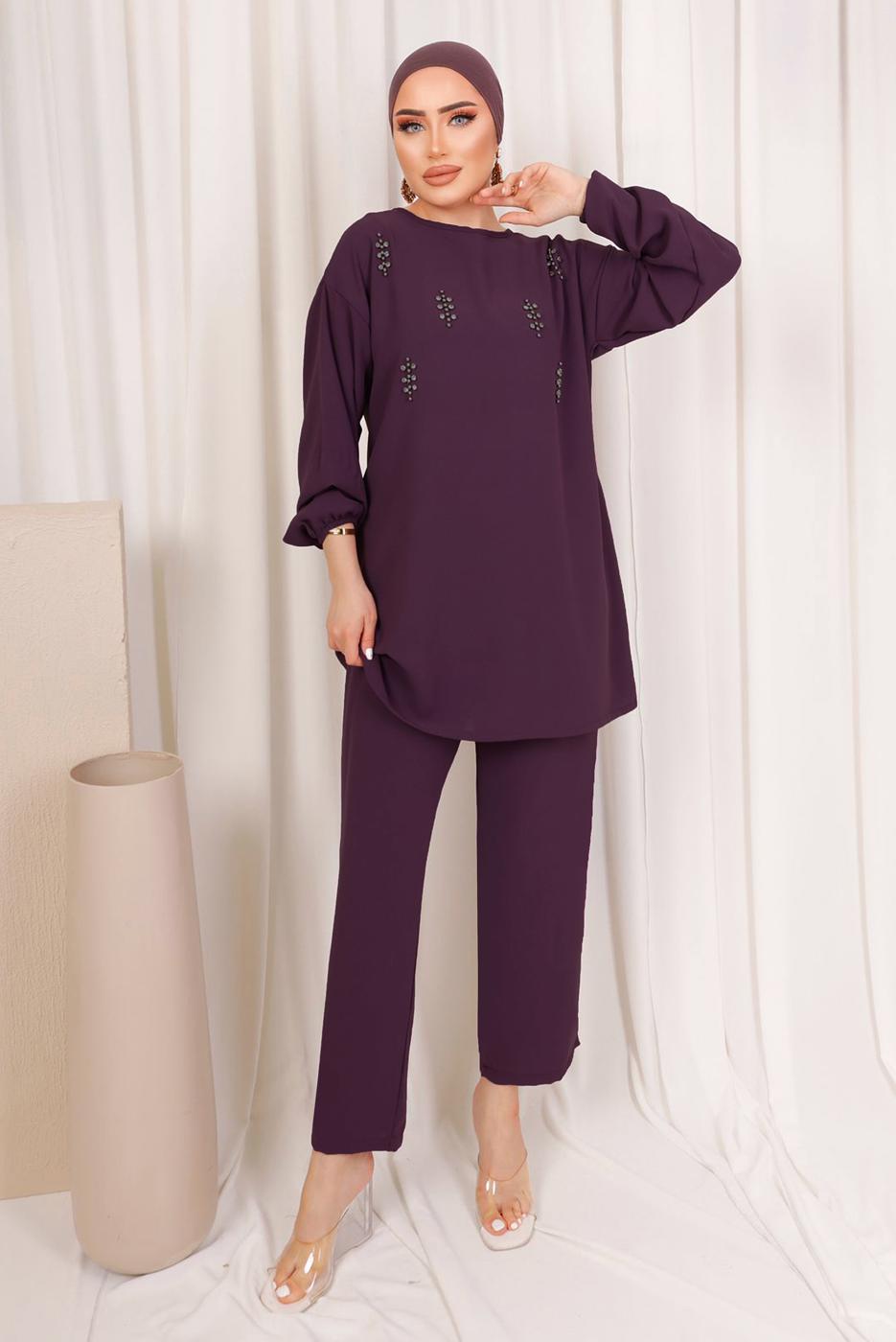 Tesettür giyim MOR ZIMBA DETAYLI İKİLİ PANTOLONLU TAKIM T 8703
