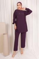 Tesettür giyim MOR ZIMBA DETAYLI İKİLİ PANTOLONLU TAKIM T 8703