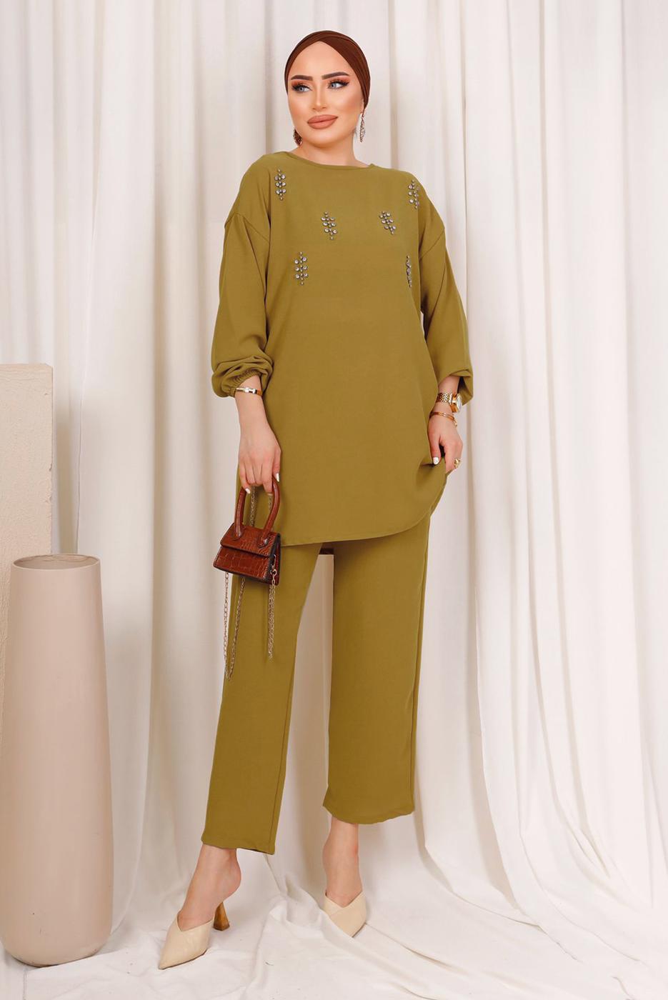 Tesettür giyim YEŞİL ZIMBA DETAYLI İKİLİ PANTOLONLU TAKIM T 8703