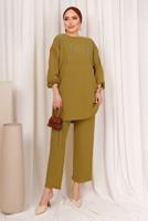 Tesettür giyim YEŞİL ZIMBA DETAYLI İKİLİ PANTOLONLU TAKIM T 8703