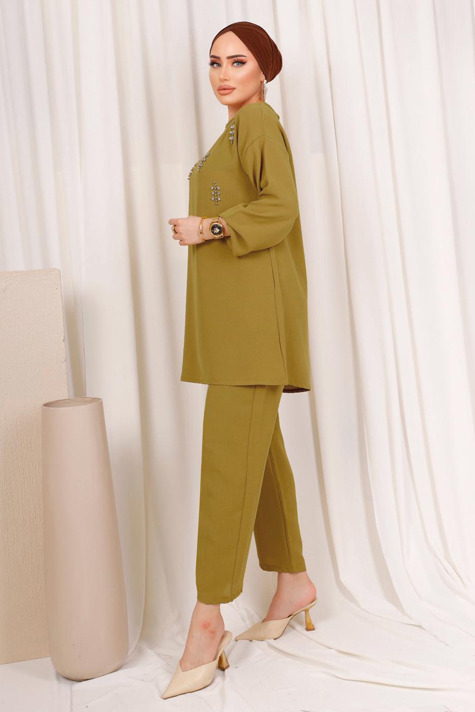 Tesettür giyim YEŞİL ZIMBA DETAYLI İKİLİ PANTOLONLU TAKIM T 8703