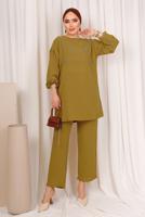 Tesettür giyim YEŞİL ZIMBA DETAYLI İKİLİ PANTOLONLU TAKIM T 8703