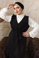 Tesettür giyim SİYAH FIRFIR DETAYLI KUŞAKLI BÜRÜMCÜK PANTOLONLU TAKIM T 8792