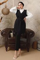 Tesettür giyim SİYAH FIRFIR DETAYLI KUŞAKLI BÜRÜMCÜK PANTOLONLU TAKIM T 8792