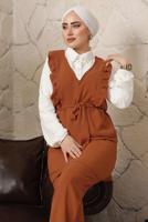 Tesettür giyim TURUNCU FIRFIR DETAYLI KUŞAKLI BÜRÜMCÜK PANTOLONLU TAKIM T 8792