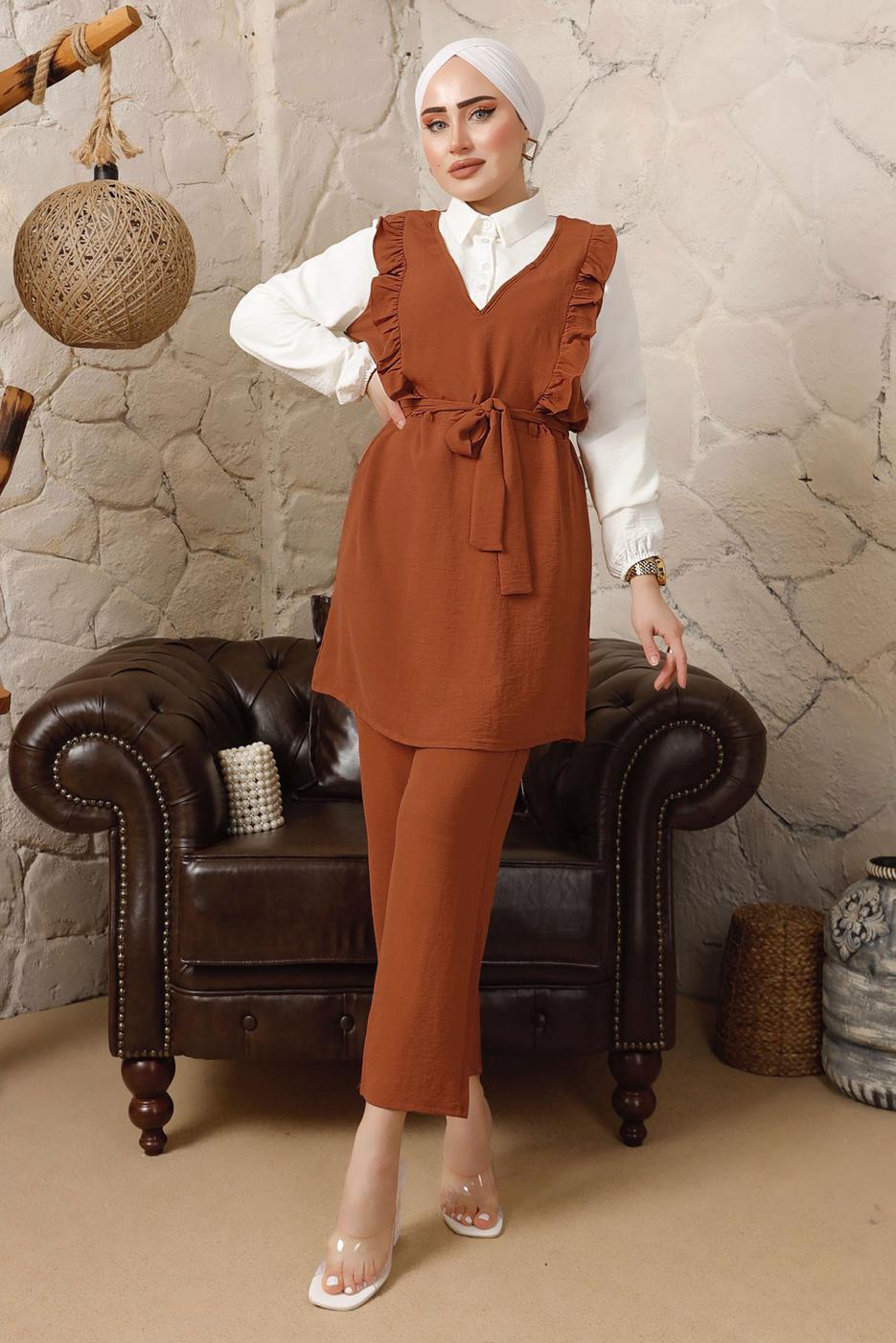 Tesettür giyim TURUNCU FIRFIR DETAYLI KUŞAKLI BÜRÜMCÜK PANTOLONLU TAKIM T 8792