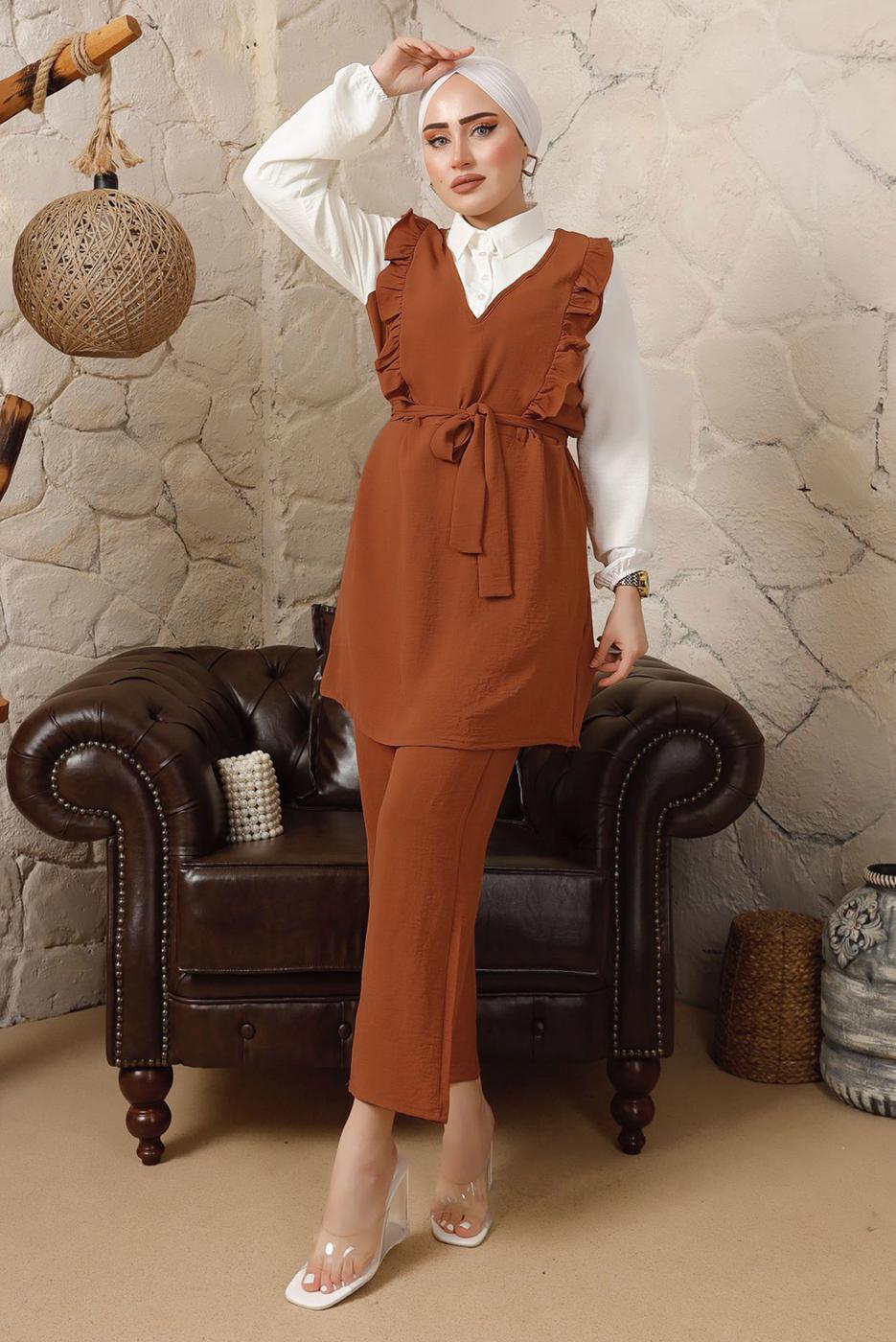 Tesettür giyim TURUNCU FIRFIR DETAYLI KUŞAKLI BÜRÜMCÜK PANTOLONLU TAKIM T 8792