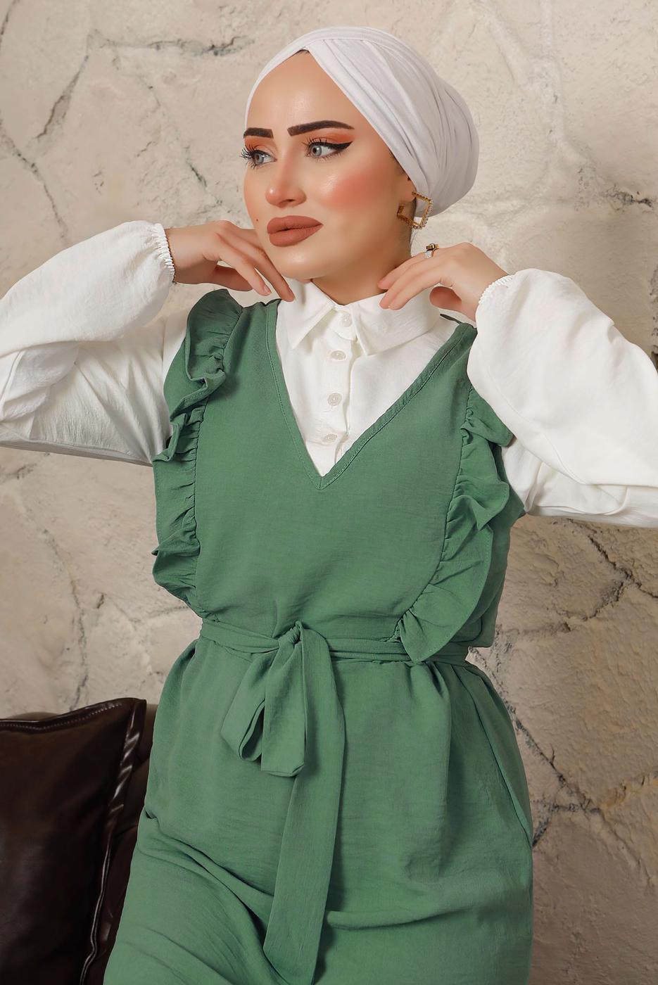Tesettür giyim YEŞİL FIRFIR DETAYLI KUŞAKLI BÜRÜMCÜK PANTOLONLU TAKIM T 8792