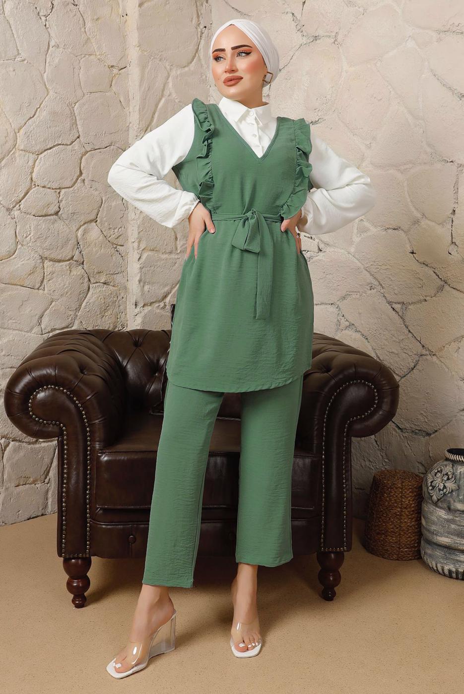 Tesettür giyim YEŞİL FIRFIR DETAYLI KUŞAKLI BÜRÜMCÜK PANTOLONLU TAKIM T 8792