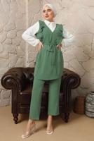 Tesettür giyim YEŞİL FIRFIR DETAYLI KUŞAKLI BÜRÜMCÜK PANTOLONLU TAKIM T 8792