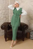 Tesettür giyim YEŞİL FIRFIR DETAYLI KUŞAKLI BÜRÜMCÜK PANTOLONLU TAKIM T 8792