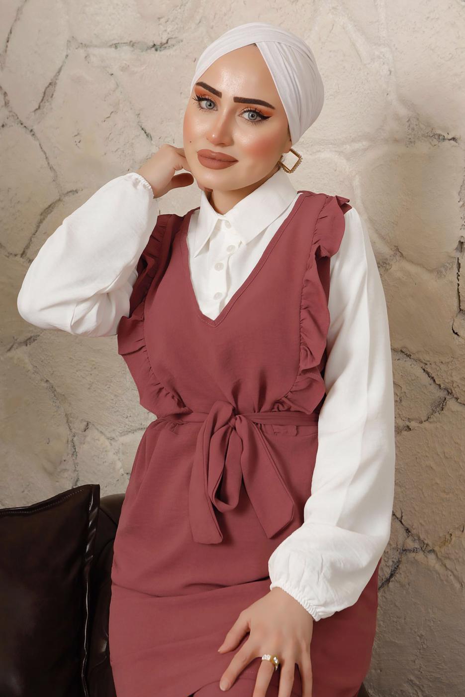 Tesettür giyim PEMBE FIRFIR DETAYLI KUŞAKLI BÜRÜMCÜK PANTOLONLU TAKIM T 8792