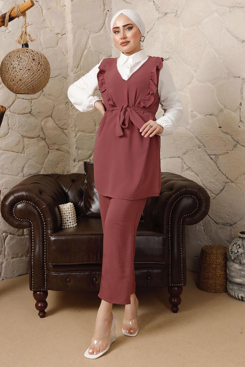 Tesettür giyim PEMBE FIRFIR DETAYLI KUŞAKLI BÜRÜMCÜK PANTOLONLU TAKIM T 8792