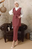 Tesettür giyim PEMBE FIRFIR DETAYLI KUŞAKLI BÜRÜMCÜK PANTOLONLU TAKIM T 8792