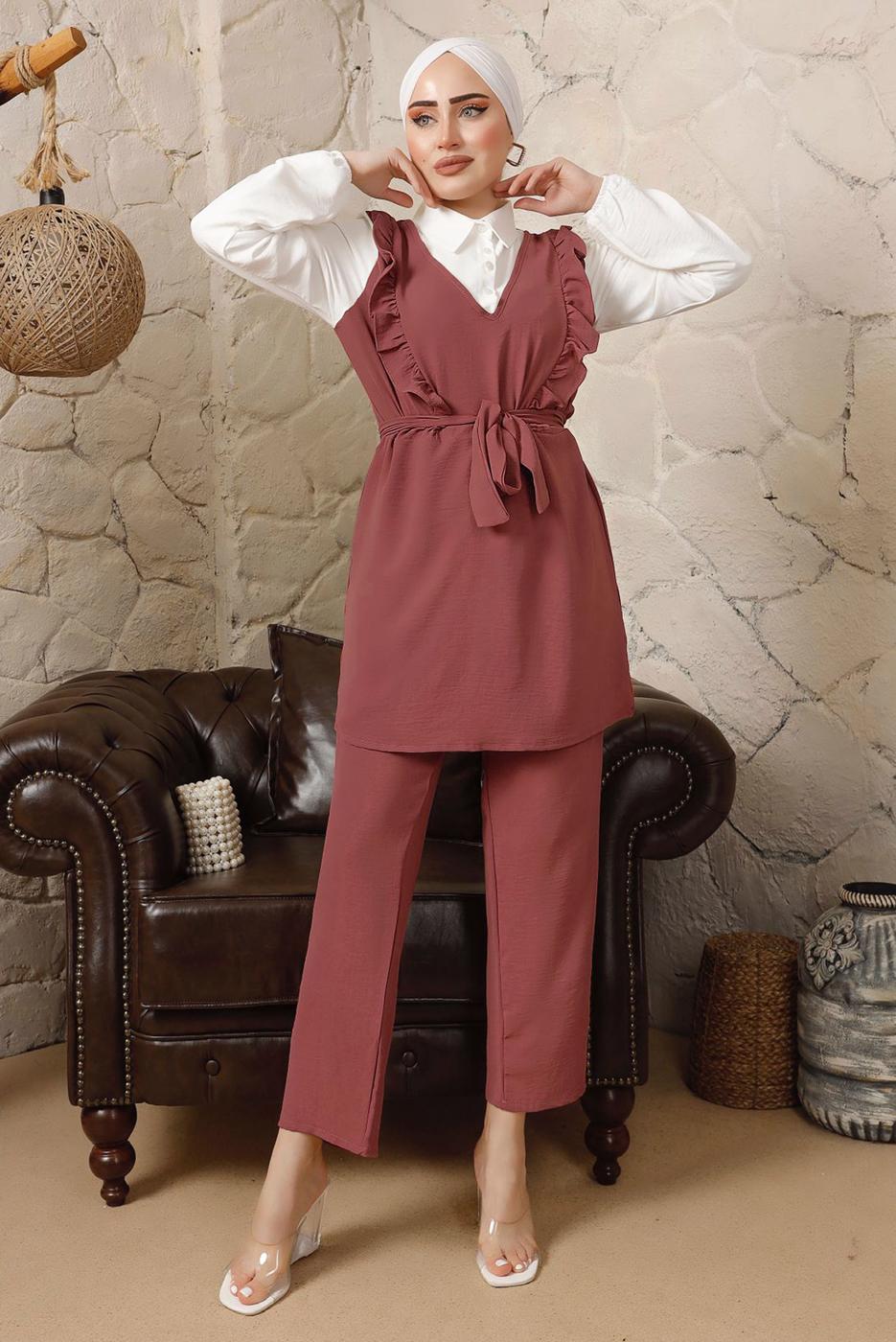 Tesettür giyim PEMBE FIRFIR DETAYLI KUŞAKLI BÜRÜMCÜK PANTOLONLU TAKIM T 8792
