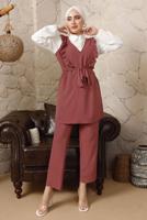 Tesettür giyim PEMBE FIRFIR DETAYLI KUŞAKLI BÜRÜMCÜK PANTOLONLU TAKIM T 8792