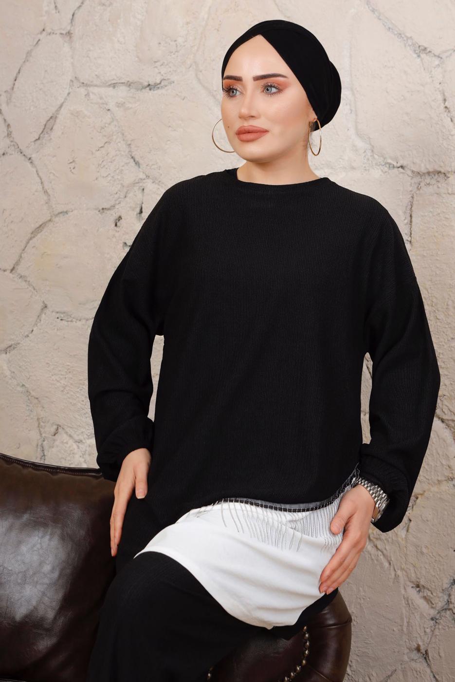 Tesettür giyim SİYAH ZİNCİR DETAYLI GARNİLİ BÜRÜMCÜK İKİLİ TAKIM T 8803