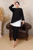 Tesettür giyim SİYAH ZİNCİR DETAYLI GARNİLİ BÜRÜMCÜK İKİLİ TAKIM T 8803