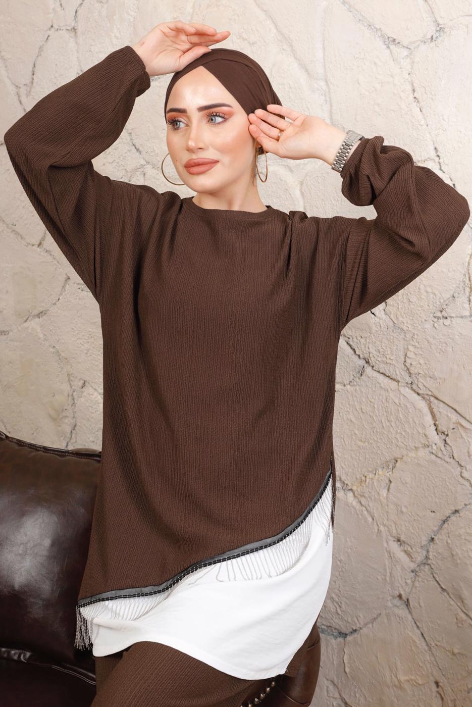 Tesettür giyim KAHVE ZİNCİR DETAYLI GARNİLİ BÜRÜMCÜK İKİLİ TAKIM T 8803