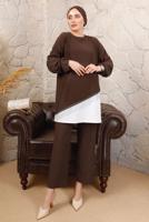 Tesettür giyim KAHVE ZİNCİR DETAYLI GARNİLİ BÜRÜMCÜK İKİLİ TAKIM T 8803