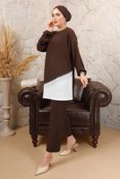 Tesettür giyim KAHVE ZİNCİR DETAYLI GARNİLİ BÜRÜMCÜK İKİLİ TAKIM T 8803