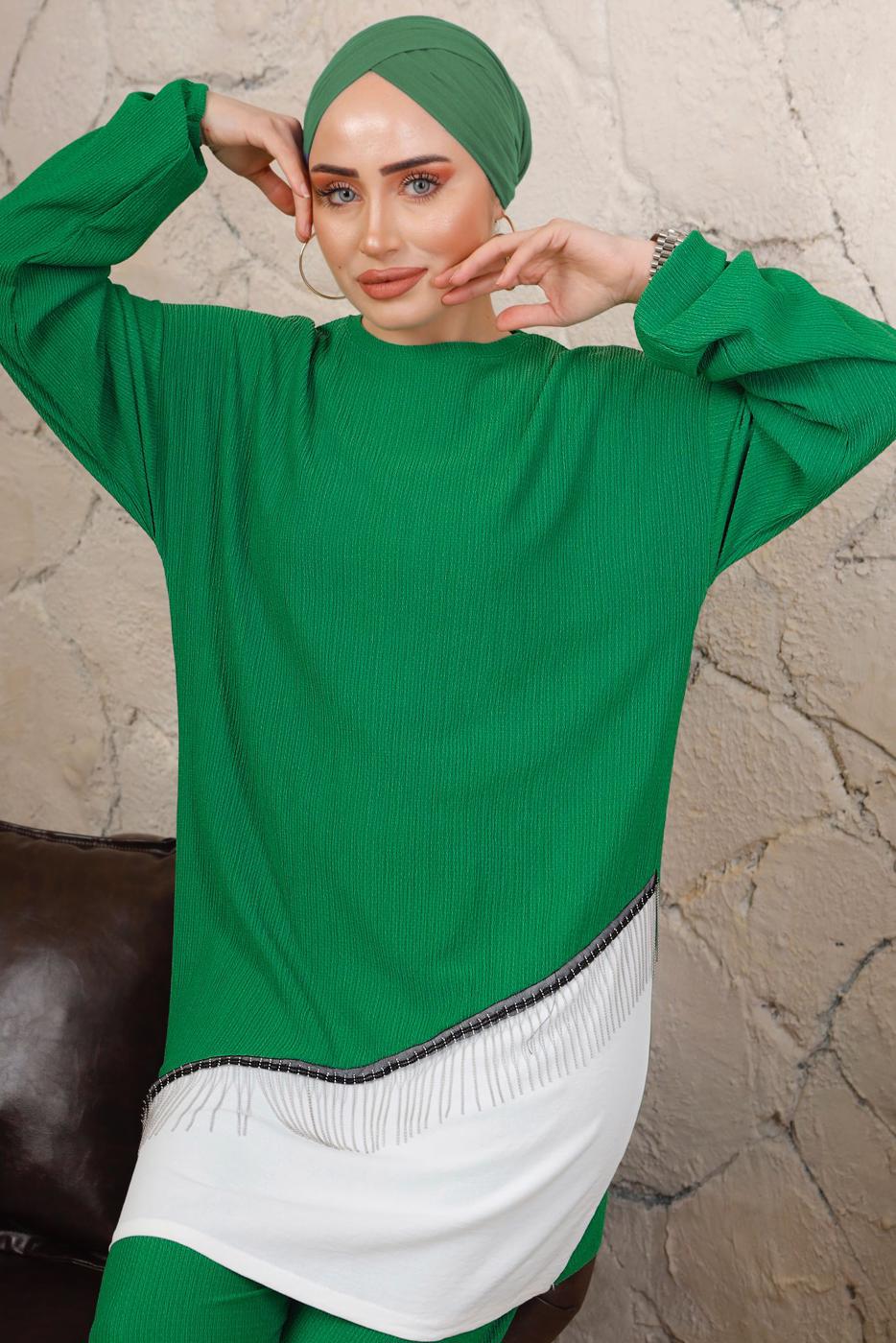 Tesettür giyim YEŞİL ZİNCİR DETAYLI GARNİLİ BÜRÜMCÜK İKİLİ TAKIM T 8803