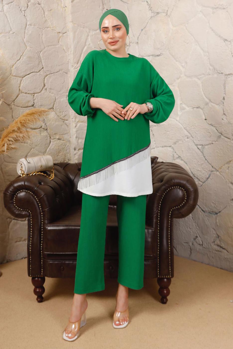 Tesettür giyim YEŞİL ZİNCİR DETAYLI GARNİLİ BÜRÜMCÜK İKİLİ TAKIM T 8803