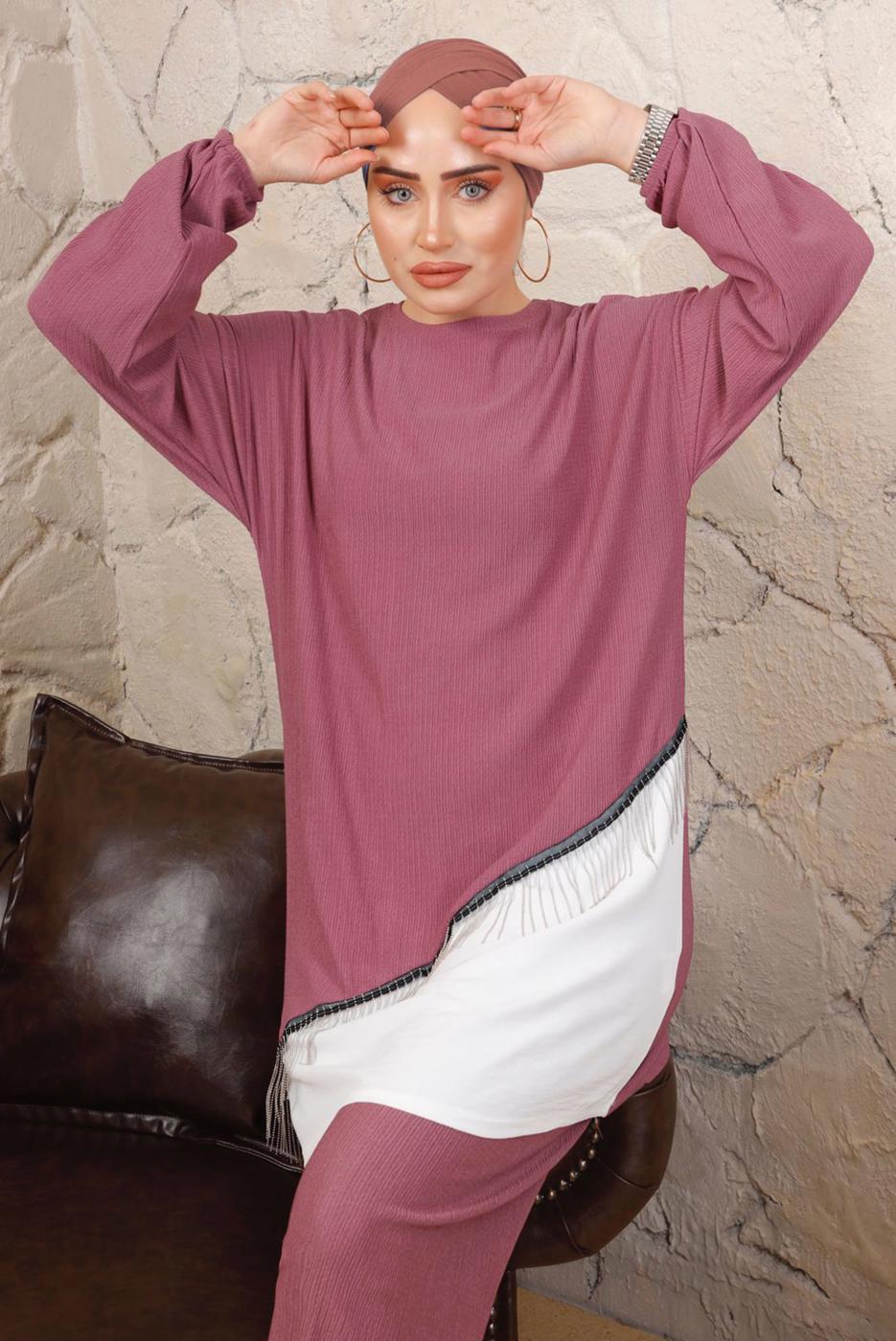 Tesettür giyim PEMBE ZİNCİR DETAYLI GARNİLİ BÜRÜMCÜK İKİLİ TAKIM T 8803
