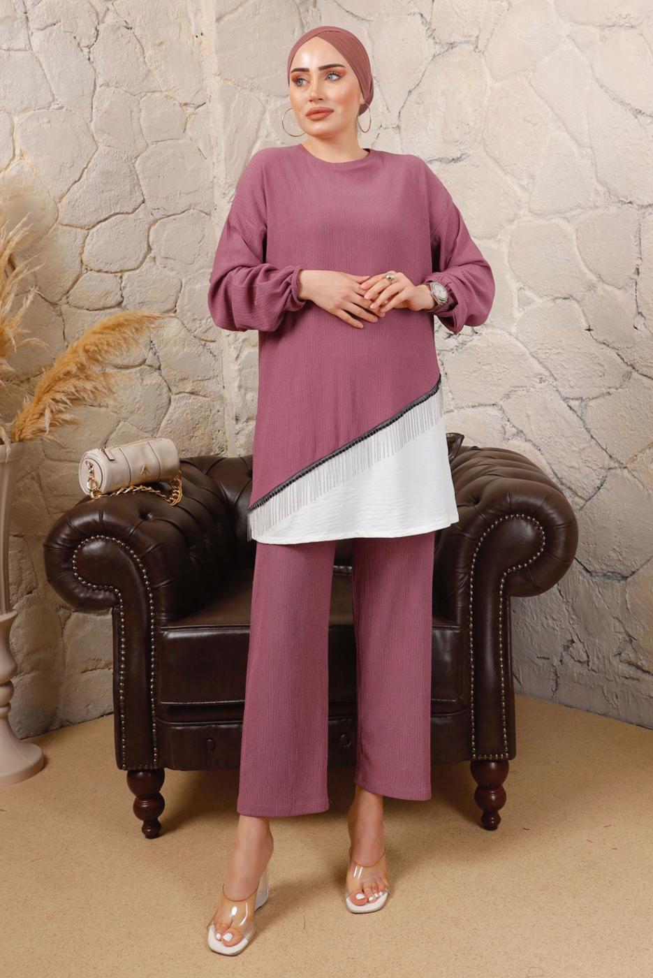 Tesettür giyim PEMBE ZİNCİR DETAYLI GARNİLİ BÜRÜMCÜK İKİLİ TAKIM T 8803