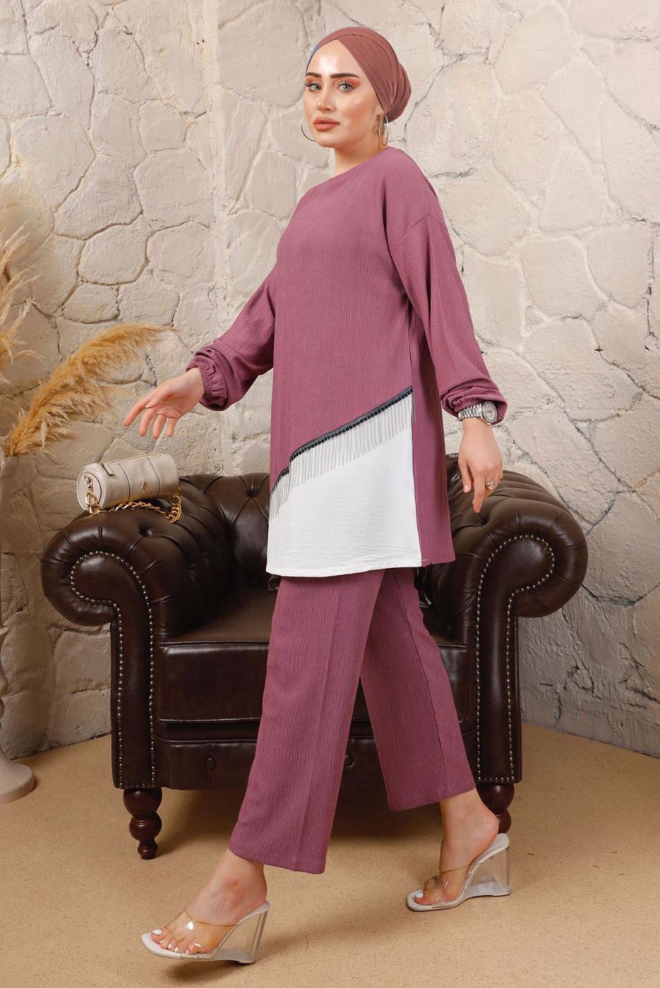 Tesettür giyim PEMBE ZİNCİR DETAYLI GARNİLİ BÜRÜMCÜK İKİLİ TAKIM T 8803
