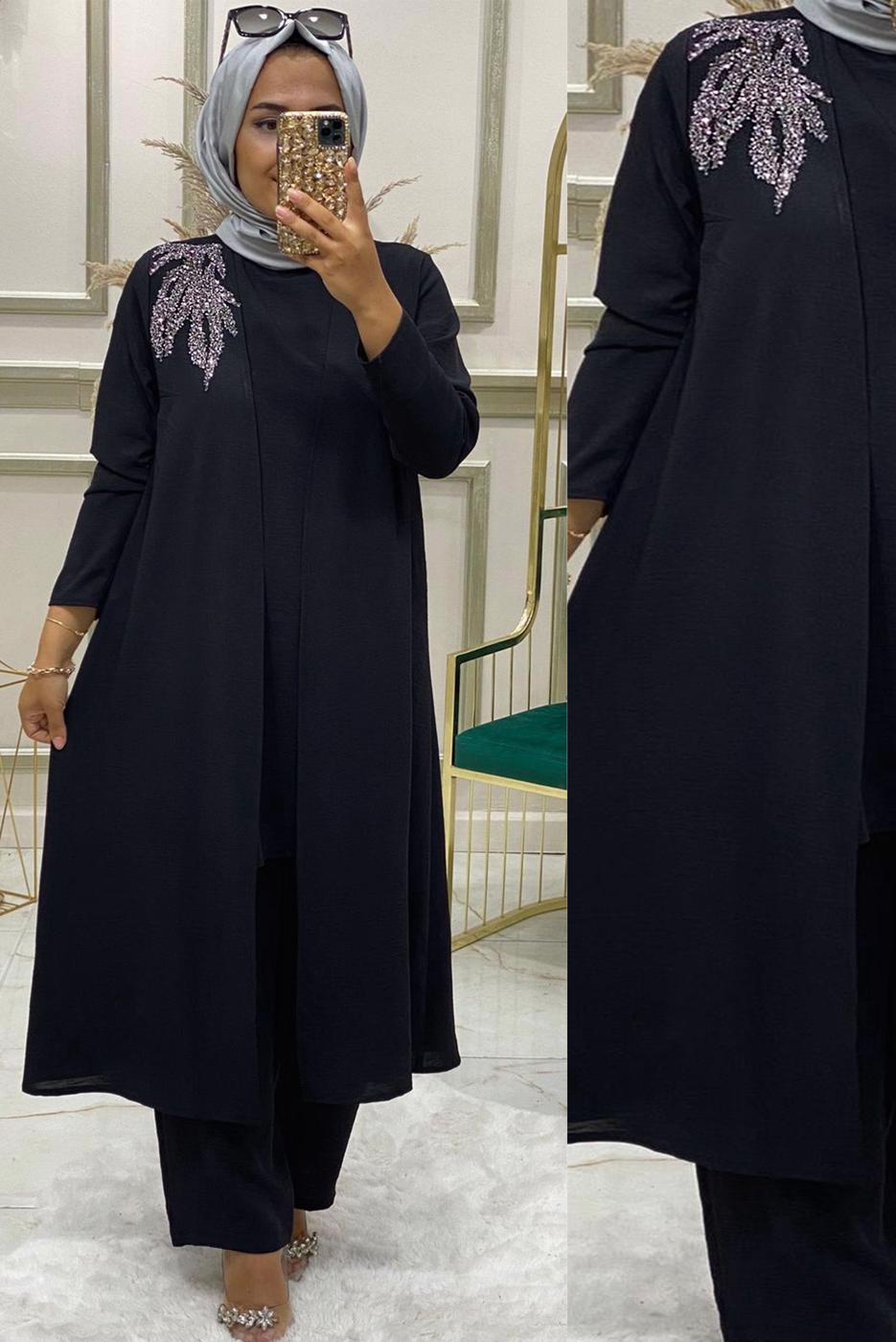 Vêtements hijab NOIR ENSEMBLE PANTALON 3 PIÈCES BRODÉ GEMMES T 90042