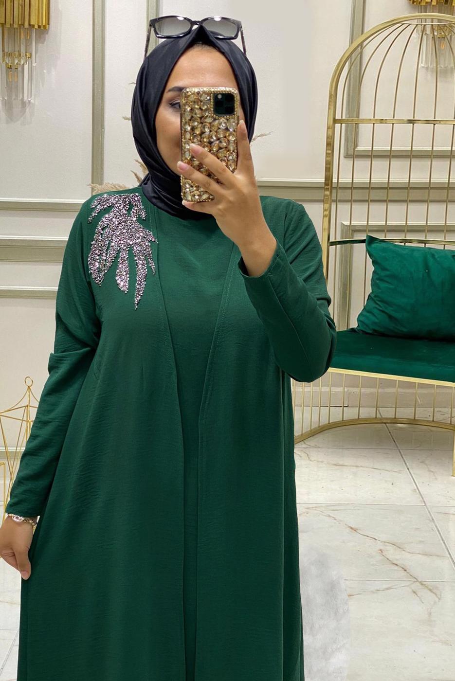 Tesettür giyim YEŞİL TAŞ BASKILI ÜÇLÜ PANTOLONLU TAKIM T 90042