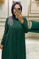 Tesettür giyim YEŞİL TAŞ BASKILI ÜÇLÜ PANTOLONLU TAKIM T 90042