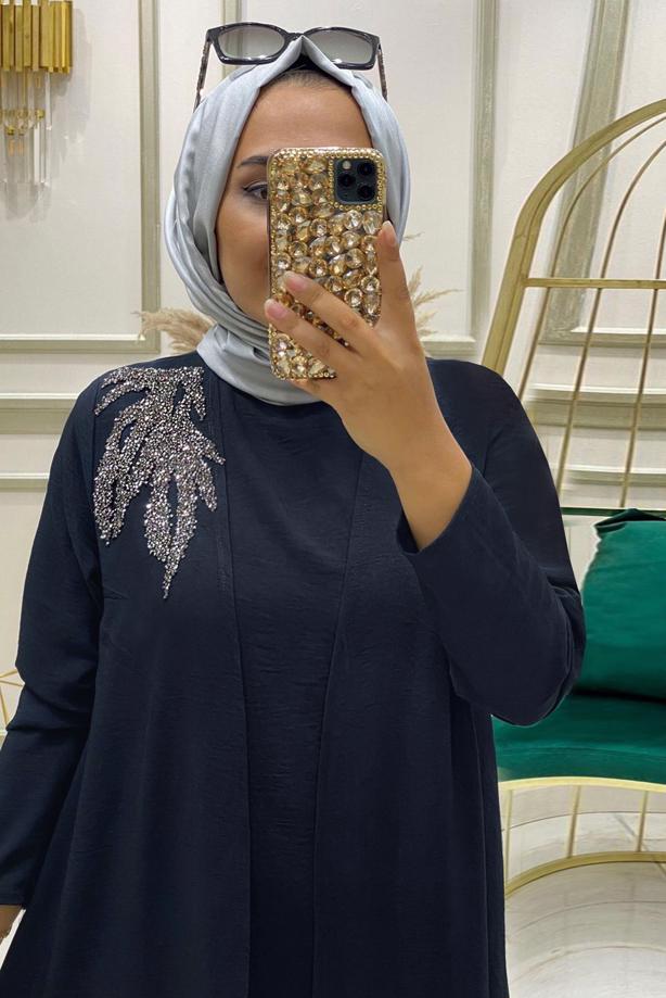 Tesettür giyim LACİVERT TAŞ BASKILI ÜÇLÜ PANTOLONLU TAKIM T 90042 - TRENDTESETTÜR